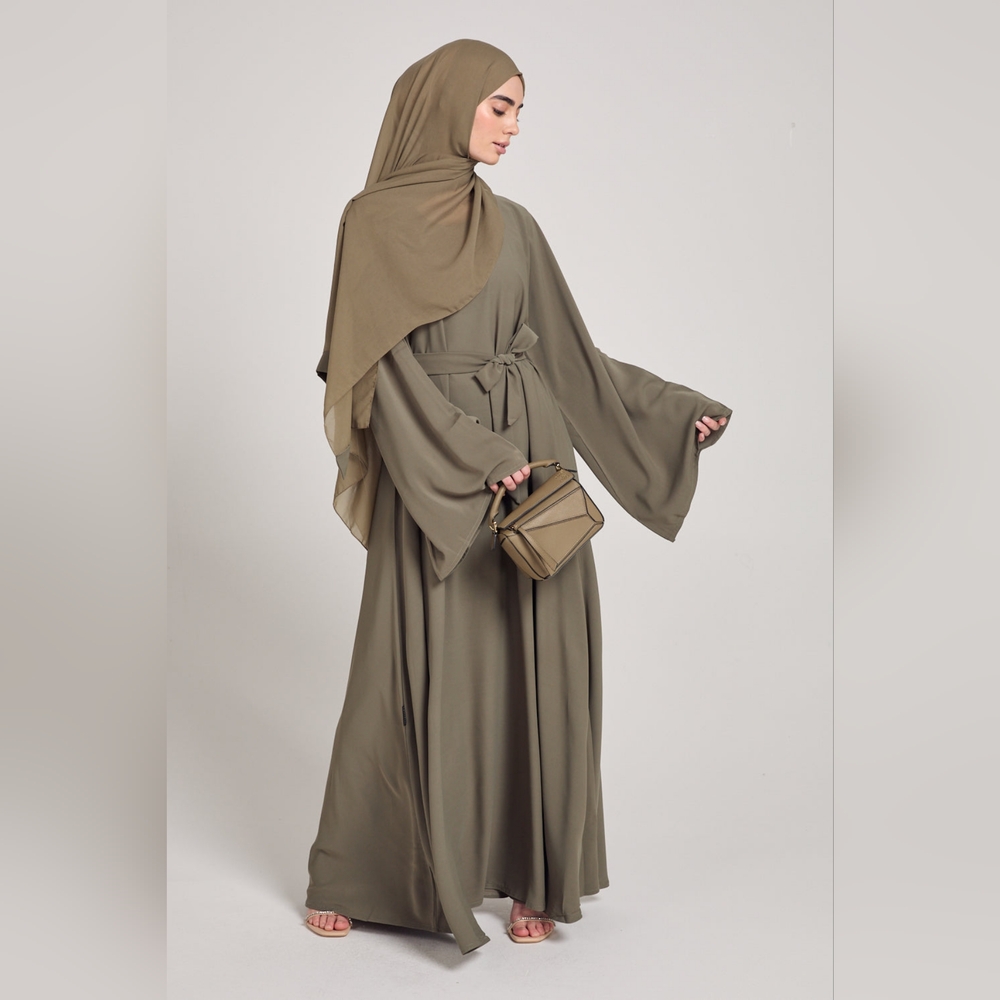 Flared Sleeve Umbrella Cut Closed Abaya - Spanish Olive